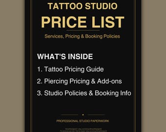 Tattoo Studio Price List Printable | Piercing Pricing Guide & Booking Policy | Instant Download PDF