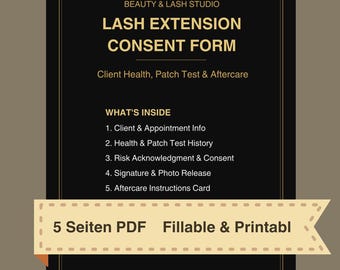 Lash Extension Consent Form Printable | Esthetician Client Health & Patch Test | Aftercare Card | PDF Download