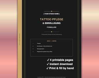 Tattoo Pflege & Einwilligung Druckbar | Gesundheitsformular | Sitzungsprotokoll | Pflegekarte | Sofortdownload PDF Deutsch