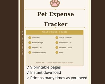 Printable Pet Budget Planner | 9 Pages | Vet Log | Insurance Tracker | Instant Download