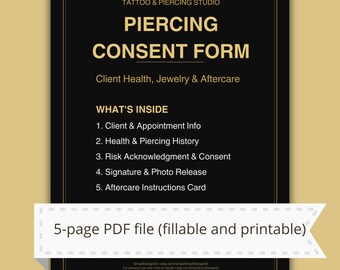 Piercing Consent Form Printable | Client Health & Jewelry Info Sheet | Aftercare Card | Instant Download PDF