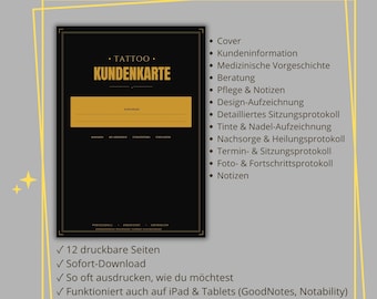Tattoo Kundenkarte, Druckbares Kundenformular für Tätowierer, Beratung, Nachsorge & Heilungsprotokoll, PDF Download