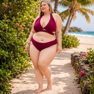 May include: A deep burgundy two-piece bikini set featuring a ribbed texture. The top has a halter neckline with a wrap-around tie detail under the bust, and the bottom is a high-cut bikini brief with a matching ribbed finish and solid colour.
