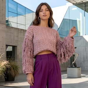 May include: A dusty rose long-sleeved crochet sweater featuring an intricate openwork pattern and dense fringe detailing along the sleeves, paired with high-waisted deep purple trousers that have a structured waistband and front pleats.