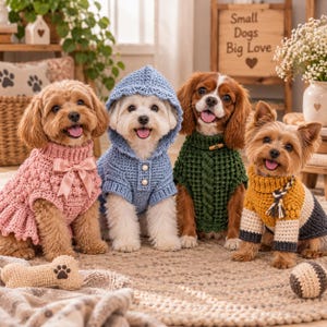 May include: Four dogs wearing various crochet sweaters: a pink sweater with a bow, a blue hooded sweater with pearl buttons, a green cable-knit sweater, and a mustard, white, and dark gray color-blocked sweater with a braided tassel detail.