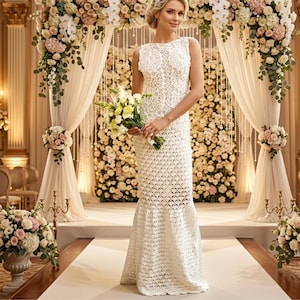 May include: A floor-length white crochet dress with a sleeveless bodice and a fitted silhouette that flares at the hem. The dress features intricate openwork patterns throughout and is held by a person carrying a bouquet of white and green flowers.
