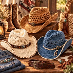May include: Three crocheted cowboy hats in tan, cream, and blue, each featuring a decorative band with metal accents. The tan hat has a star emblem, the cream hat has a floral concho, and the blue hat has a circular charm with dangling beads.