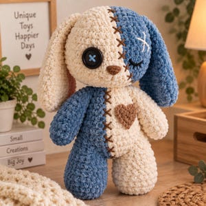 May include: A plush stuffed animal toy featuring a split-color design of cream and blue yarn. The toy has one black button eye, one stitched eye, a brown heart patch on the chest, and a vertical seam running down the center of the body.