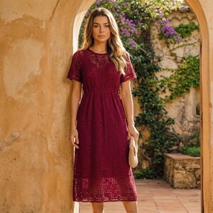 burgundy cover up for dress SWSMCLT Lu's Chic Women's Beach Bikini Cover Up V Neck Cover Up Sheer Sexy Long Spring Open Front Short Sleeve Swimwear Cover Up Burgundy One Size,