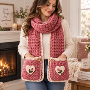 May include: A dusty rose crochet scarf with integrated pockets, featuring a cream-colored border, a single wooden button on each pocket, and a white heart-shaped patch on each pocket displaying a small pink tulip with green leaves and a stem.