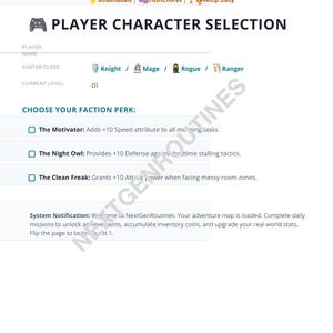 Può includere: Una pagina stampata bianca intitolata NEXTGENROUTINES con sezioni per la selezione del personaggio, opzioni di classe avatar tra cui Cavaliere, Mago, Ladro e Ranger, e vantaggi di fazione come Motivatore e Gufo notturno.