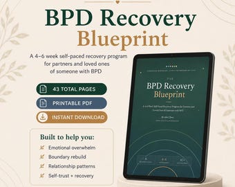 Könnte beinhalten: Ein digitales Tablet zeigt das BPD Recovery Blueprint, ein 4-6-wöchiges Selbsthilfeprogramm für Angehörige von Menschen mit BPD. Der Bildschirm zeigt den Titel, den Autor Alex Chen und 43 Seiten. Enthält druckbares PDF und sofortigen Download.