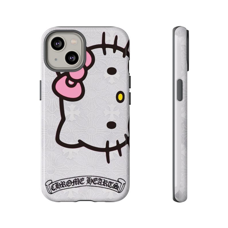 Hello Kitty x Chrome Herzen Handyhülle | Robuste iPhone Hülle, Chrome Hearts Style Bild 1