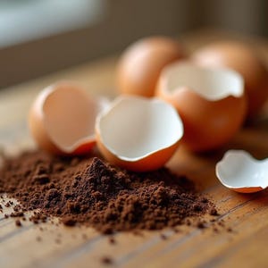 May include: A pile of dark brown coffee grounds scattered next to several broken light brown eggshells. The eggshells are hollow with jagged edges, and the coffee grounds are arranged in a small mound on the wooden surface.