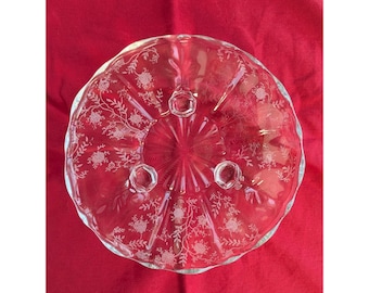 Fostoria Chintz Clear Etched Glass Footed Bowl Coquette Girl Floral Candy Dish