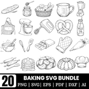Baking SVG Bundle | Hand-Drawn Bakery Clipart, Kitchen Tools & Pastry Line Art PNG | Cooking Vector for Cricut Crafts