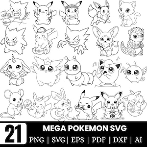 May include: A digital collection of 21 black and white line art illustrations featuring various cartoon creatures, including multiple Pikachu poses, Gengar, and other fantasy characters. The text at the bottom reads 21 MEGA POKEMON SVG PNG SVG EPS PDF DXF AI.