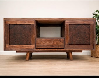 Handcrafted Solid Walnut Media Console | Mid-Century Modern Credenza | Sliding Doors & Hidden Touch-Open Drawer