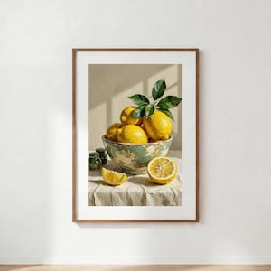 Poster stilleven citroen | Olieverfschilderij kunst aan de muur | Vintage keukendecoratie | Illustratie kom met citroenen | Cadeaukunst Toscaanse boerderij