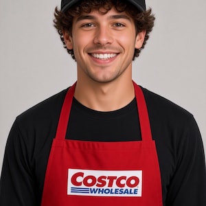 May include: A black baseball cap with the Costco Wholesale logo in red, white, and blue embroidery, paired with a red apron featuring a white rectangular patch with the Costco Wholesale logo in red and blue text, worn over a black long-sleeve shirt.