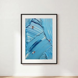 Werner Bronkhorst Tiny Surfers Ocean Print | Abstract Coastal Wall Art | Blue Aesthetic Impasto Wave Poster | Minimalist Beach Surfing Decor
