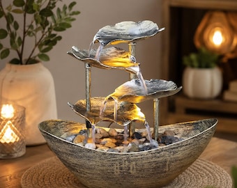 Fontein op tafelblad met lotusblad | Binnenwaterval met licht, zenbureaudecor voor ontspanning en meditatie, gezellig thuiskantoorcadeau