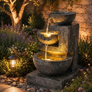 Peut inclure: Une fontaine d'extérieur à trois niveaux avec une finition gris foncé aspect pierre. La fontaine se compose de trois vasques empilées permettant à l'eau de s'écouler du haut vers le bas, avec un éclairage chaud intégré dans chaque bassin.