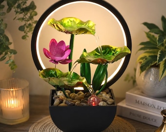 Indoor Tabletop Water Fountain with LED Ring Light, Lotus Leaf Waterfall, Zen Desktop Decor, Meditation Fountain for Home Office