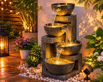 Fuente solar en cascada de 3 niveles / Decoración para jardín zen / Fuente de agua con efecto de piedra realista