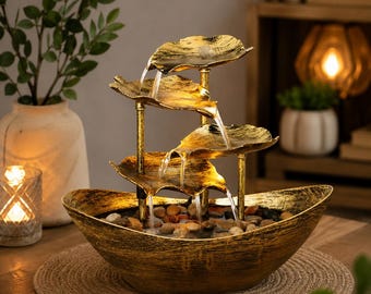 Zen-Tischplatten-Wasserbrunnen mit LED-Leuchten, Lotusblatt-Kaskade, Indoor-Wasserfalldekor, Entspannungsbrunnen, Spa- & Meditationsgeschenk