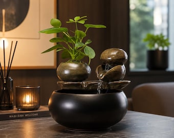 Zen Indoor Water Fountain with Plant – Tabletop Relaxation Fountain, Desktop Water Feature, Meditation Decor,Office & Living Room Decoration