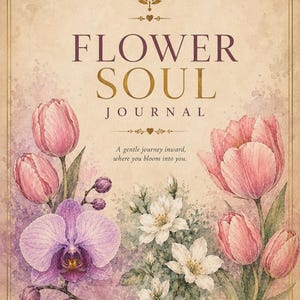 Könnte beinhalten: Ein Journal-Einband mit beigem Hintergrund und dekorativem Rand. Der Text lautet FLOWER SOUL JOURNAL, A gentle journey inward, where you bloom into you, sowie REFLECTION, GROWTH, GRATITUDE, BLOOM. Mit Aquarell-Tulpen in Rosa und einer lila Orchidee.