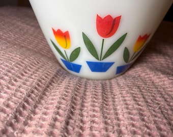 Vintage Fire King-tulpen wit melkglas 7,5" mengkom ZELDZAME bloemen jaren 1940