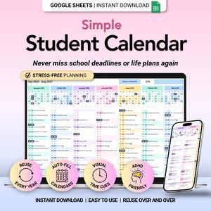 Calendrier étudiant Google Sheets, Planificateur académique 2026, Suivi des devoirs, Agenda étudiant TDAH, Planificateur d'études, Aperçu annuel numérique