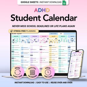 Può includere: Un calendario digitale per studenti con ADHD visualizzato su uno schermo di un computer portatile e uno smartphone. L'interfaccia presenta griglie mensili colorate, elenchi di attività e tracker di avanzamento con il testo ADHD Student Calendar.