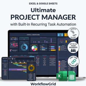 Puede incluir: Una herramienta de gestión de proyectos digital para Excel y Google Sheets titulada Ultimate PROJECT MANAGER with Built-In Recurring Task Automation. La interfaz muestra un panel general, diagramas de Gantt y seguimiento de tareas.