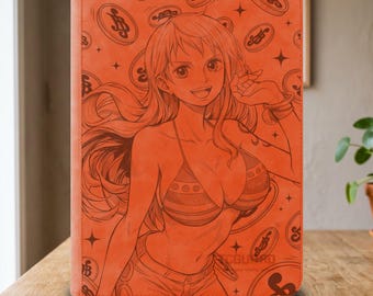 May include: A rectangular orange tablet case featuring a line art illustration of a long-haired female anime character wearing a bikini top and shorts, surrounded by a pattern of floating circular coins and four-pointed star shapes.