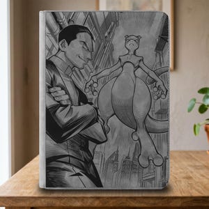May include: A rectangular gray notebook cover featuring a black and white manga-style illustration of a man with crossed arms standing opposite a floating creature with a long tail, set against a backdrop of tall city buildings and industrial pipes.