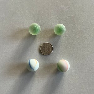 Surf-tumbled Genuine Beach/Sea Glass Marble Pairs - Blue & Orange on White Swirl and Green Cats Eye Marbles Mendocino Coast CA
