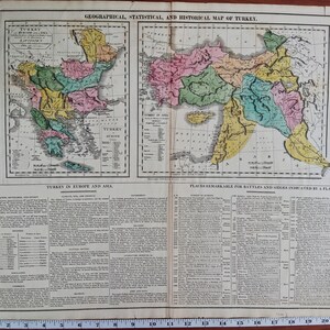 May include: A vintage geographical, statistical, and historical map of Turkey in Europe and Asia, featuring hand-colored regions, detailed text columns, and a measuring tape at the bottom showing a width of approximately 22 inches.