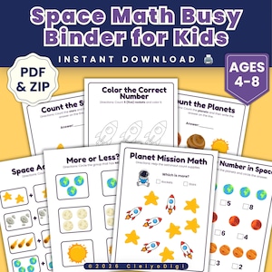 Space Math Busy Binder for Kids Beginning Math Preschool Addition Counting Worksheets Kindergarten Homeschool Screen Free Ages 4 to 8