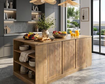Large Farmhouse Kitchen Island With Storage, Seating, Slatted Doors