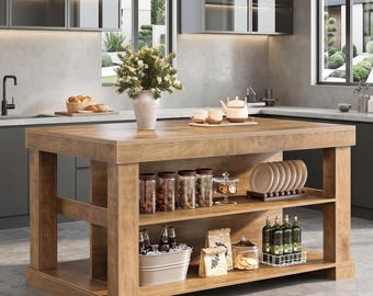 Farmhouse Kitchen Island With Seating, Three Tier Storage, Coffee Station