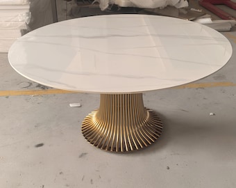 Large Round Sintered Stone Dining Table With Stainless Steel Pedestal Base For Modern Kitchens And Eight Person Family Gatherings