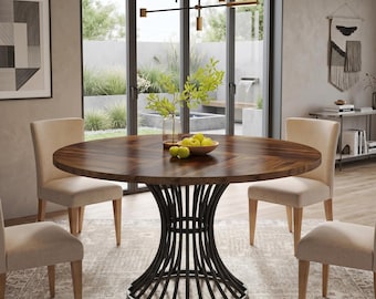 Round Farmhouse Dining Table: Industrial Metal Base, Seats 4-6 People