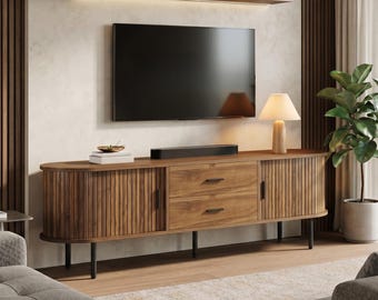 Mid Century Modern Oval TV Stand with Sliding Tambour Doors, Engineered Wood Entertainment Center