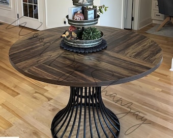 Round Farmhouse Dining Table: Industrial Metal Base, Seats 4-6 People