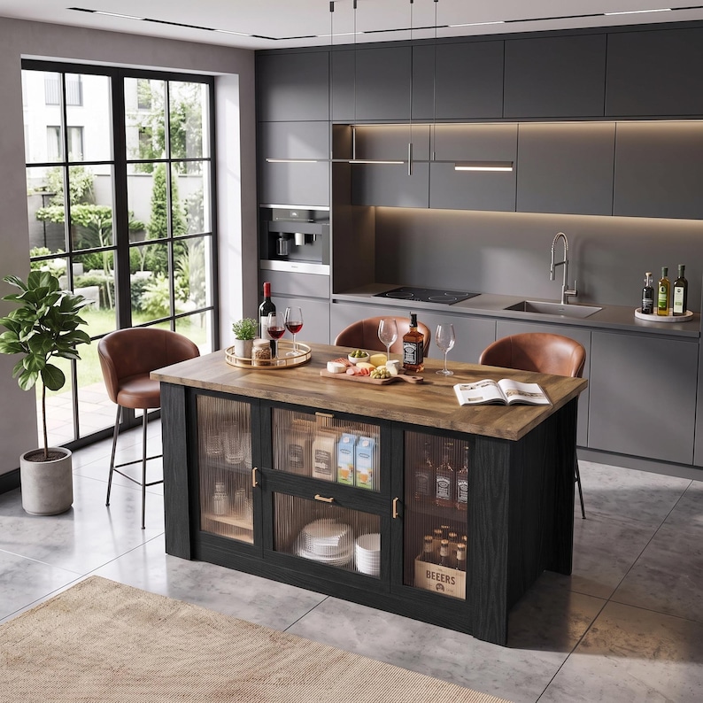 Large Kitchen Island With Seating and Storage Cabinets Serves as A ...