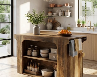 Farmhouse Kitchen Island with Storage Shelves and Seating Space