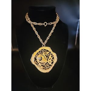 Vintage 1980s Chunky Enamel Fish Pendant Necklace Goldtone Marked TTP